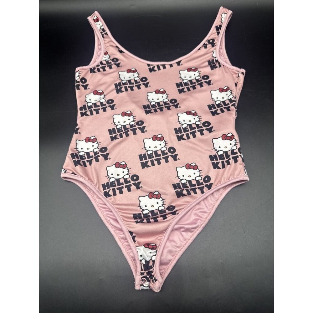 Sanrio Pink Hello Kitty Sleeveless Body Suit Womens Sz M All Over Words Logo